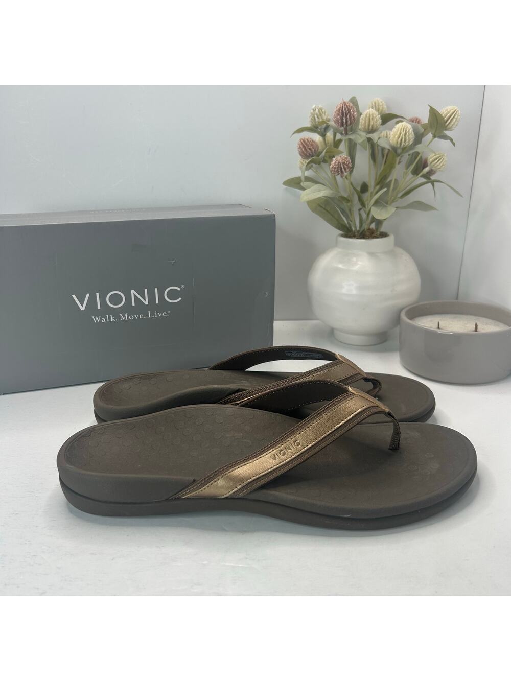 Vionic Tide Orthotic Comfort Slip On Flip Flops Bronze Metallic Men 12 Tried On